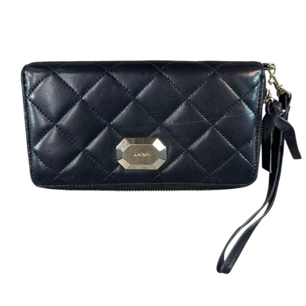 DKNY Black Quilted Leather Zip Around Wristlet Wallet Gold Tone Hardware